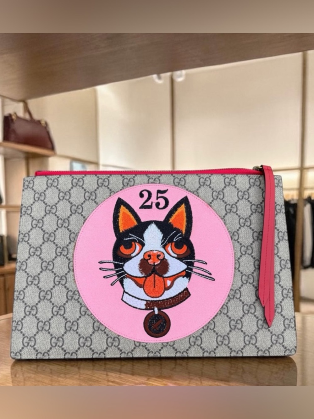 AUTH! Gucci GG Supreme Boston Terrier Signature Canvas Pouch Clutch Bag 506280